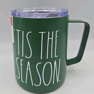 Rae Dunn Green Stainless Steel Coffee  Mug Tis The Season Lid Christmas Gift NWT
